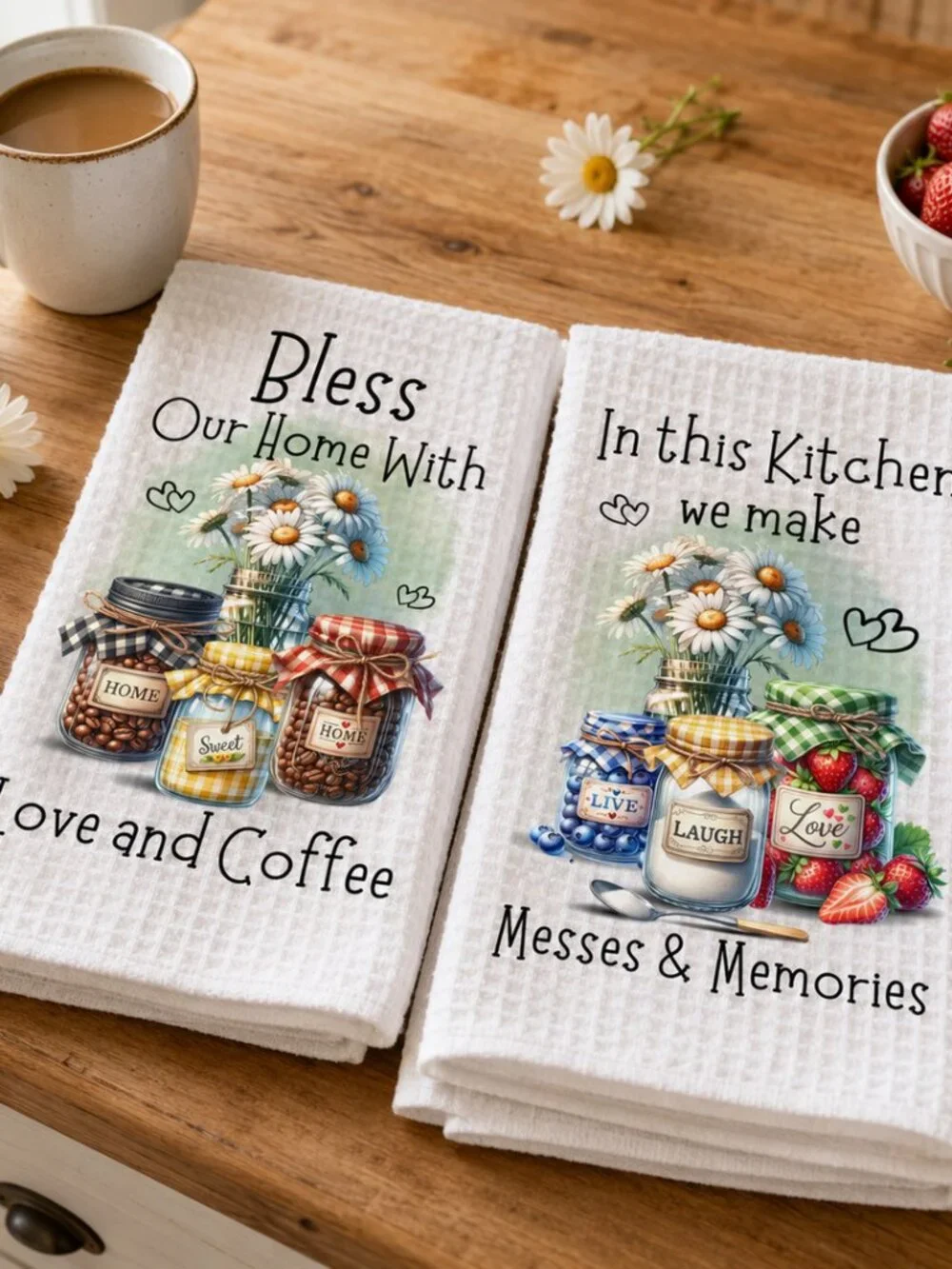 Bless Our Home Kitchen Towel Set, Love And Coffee Dish Towel Daisy Mason Jar